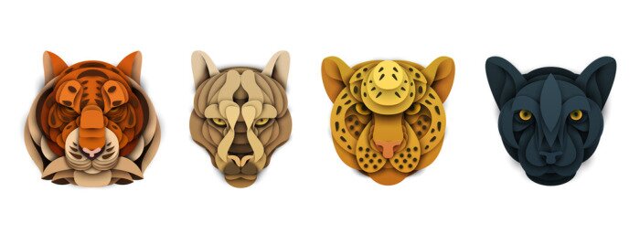 Sticker  Set of cartoon wild animal head in trendy paper cut craft graphic style. Tiger, cougar, leopard, panther. Modern design for advertising cover, poster, banner. Vector illustration