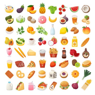 Sticker  Set of colorful food icons. Bakery, dairy food, fruit and vegetables. Desserts fast food and pasta images. Isolated vector cartoon icons on white background.