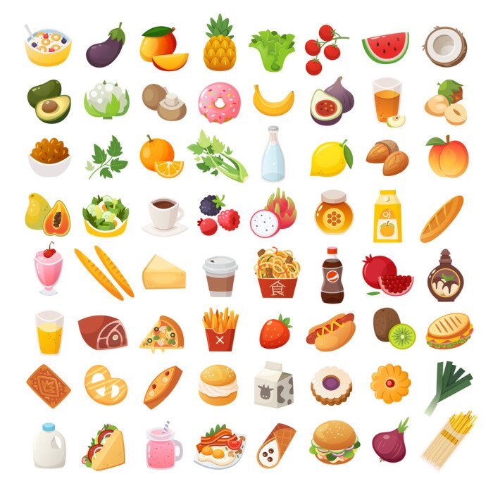 Sticker  Set of colorful food icons. Bakery, dairy food, fruit and vegetables. Desserts fast food and pasta images. Isolated vector cartoon icons on white background.