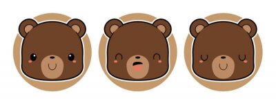 Sticker  Set of cute brown bear cartoon characters. Kawaii style vector illustration.	