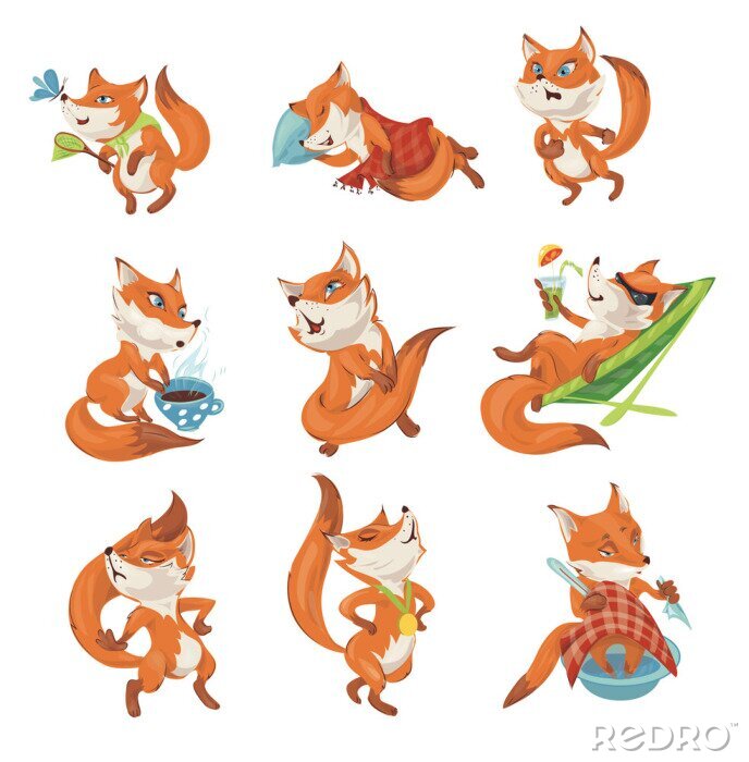 Sticker  Set of cute colorful fox character in different actions