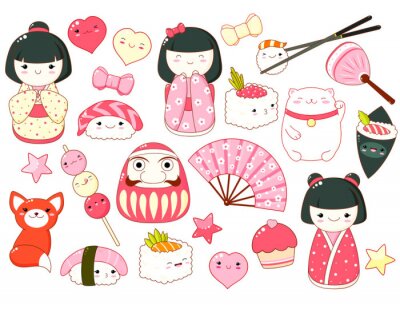 Sticker  Set of cute icons in kawaii style