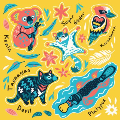 Sticker  Set of decorative australian animals stickers, badges, icons, patches, design elements. Vector illustration