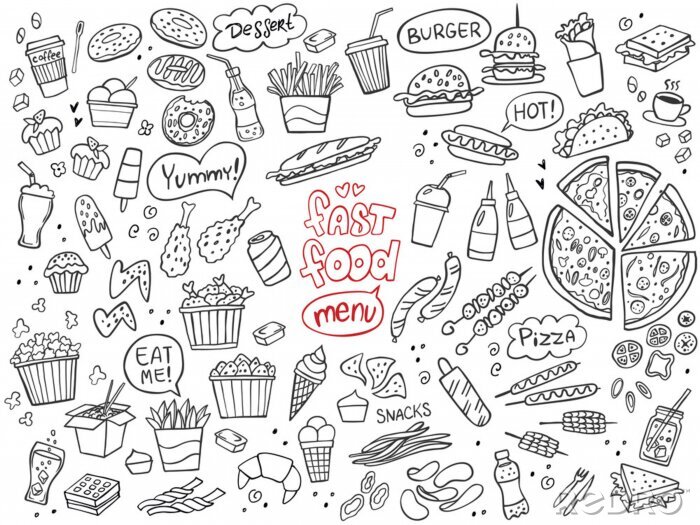 Sticker  Set of fast food doodles on white. Vector illustration. Perfect for menu or food package design.