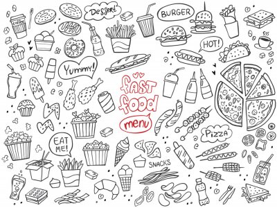 Sticker  Set of fast food doodles on white. Vector illustration. Perfect for menu or food package design.