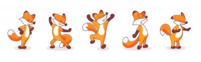 Sticker  Set of five hand-drawn foxes. Illustrations with animals' emotions. Sticker pack isolated on white background. Animal with arms akimbo, Karate fox, inspired, surprised and calming someone characters.