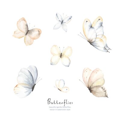 Sticker  Set of flying gentle butterflies blue, beige, brown and indigo colors. Vector illustration in vintage watercolor style. Template for your design.
