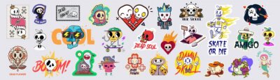 Sticker  Set of funny cartoon varied skull stickers.