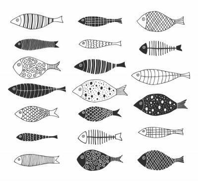 Sticker  Set of hand drawn doodle fishes for kids design. Scandinavian outline style. Vector isolated illustration.
