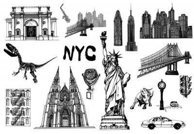 Sticker  Set of hand drawn sketch style New York themed isolated objects. Vector illustration.