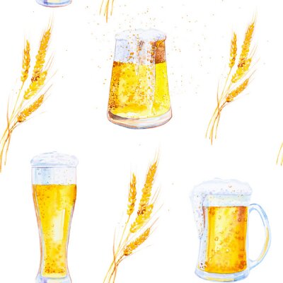Sticker  Set of mugs filled with beer with foam and ears of wheat with crumbs. Watercolor illustration isolated on white background.Seamless pattern