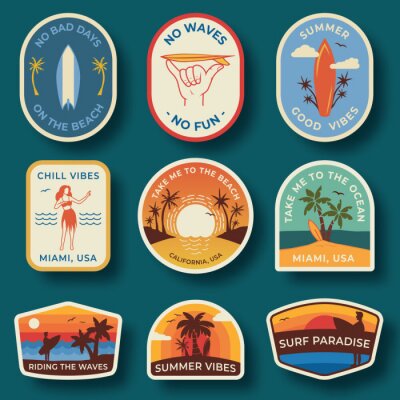Sticker  Set of nine beach badges. Hand drawn palm trees and beach elements in retro style. Summer labels, badges and icons