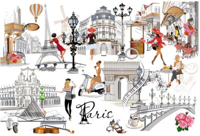 Sticker  Set of Paris illustrations with fashion girls, cafes and musicians. Vector illustration.