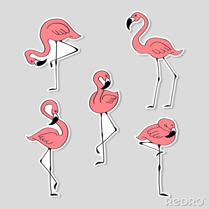 Sticker  Set of stickers with hand drawn pink flamingo. Collection of labels with cute cartoon birds isolated on grey background. Vector illustration.