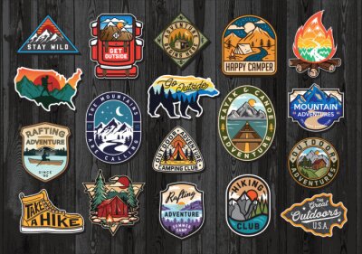 Sticker  Set of Vintage Outdoor Summer Camp Logo Patches on Wood board. Hand drawn and vector emblem designs. Great for shirts, stamps, stickers logos and labels.