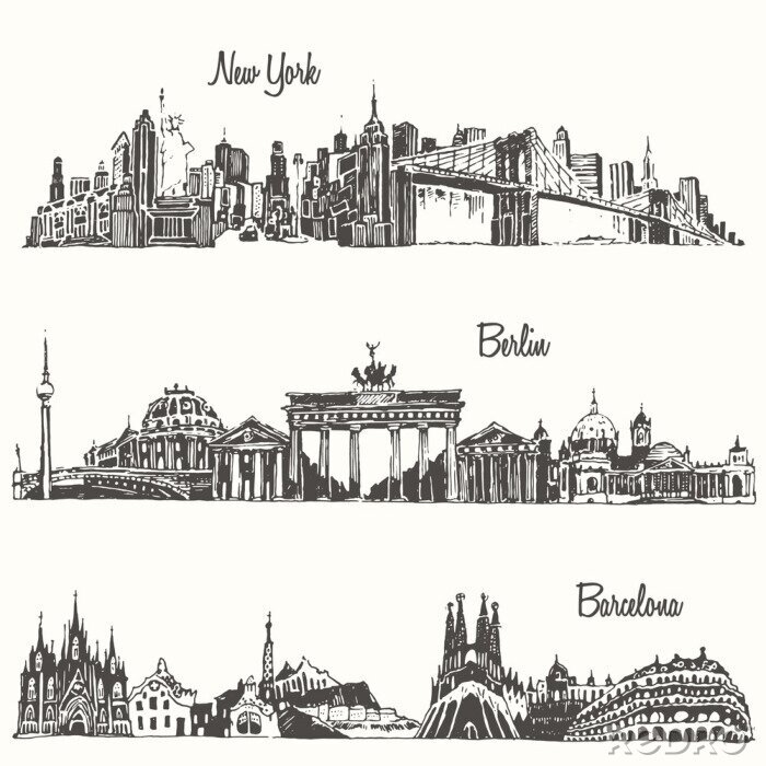Sticker  Set villes New york Berlin Barcelone vecteur croquis