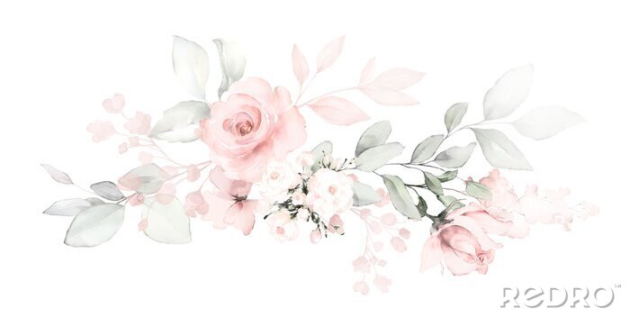 Sticker  Set watercolor arrangements with roses. collection garden pink flowers, leaves, branches, Botanic  illustration isolated on white background.