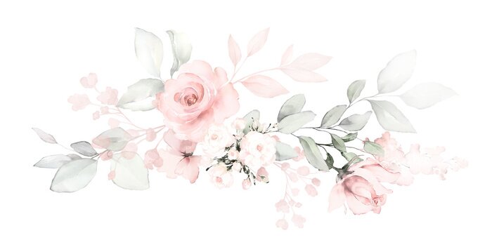Sticker  Set watercolor arrangements with roses. collection garden pink flowers, leaves, branches, Botanic  illustration isolated on white background.
