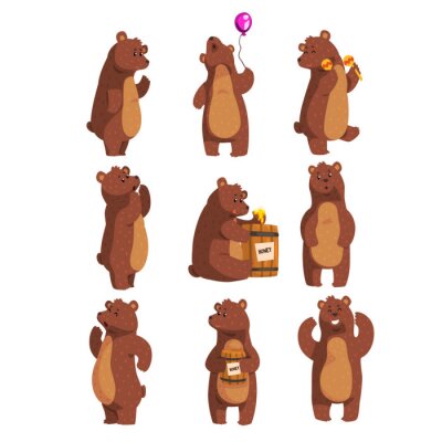 Sticker  Set with funny bear. Forest animal waving by paw, holding balloon, dancing, howling, calling someone, eating honey from wooden barrel, smiling. Flat vector design