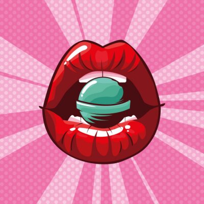 Sticker  sexy woman lips with candy pop art style