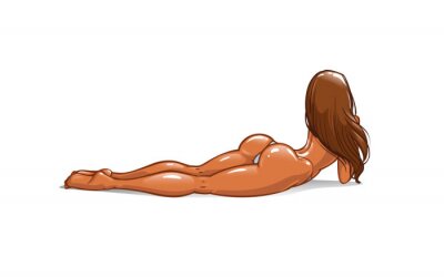 Sticker  Sexy young girl in a bikini with a beautiful round booty and long legs lies on belly with buttocks up. Nude Woman with wet tanned skin, athletic body and erotic ass. Back, rear view. Isolated vector