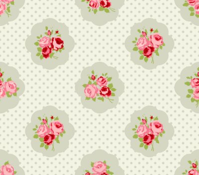 Shabby chic à fleurs roses et pois gris