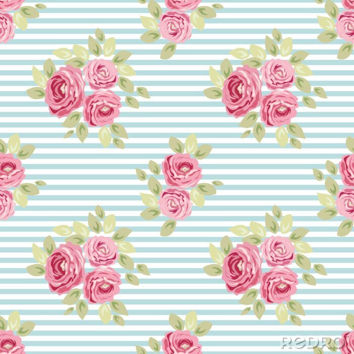 Sticker  Shabby chic roses bandes bleues