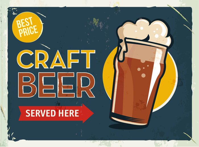 Sticker  Signe en métal grunge rétro avec de la bière. Un verre d'artisanat froid sombre. Affiche vintage. Panneau routier. Conception ancienne.