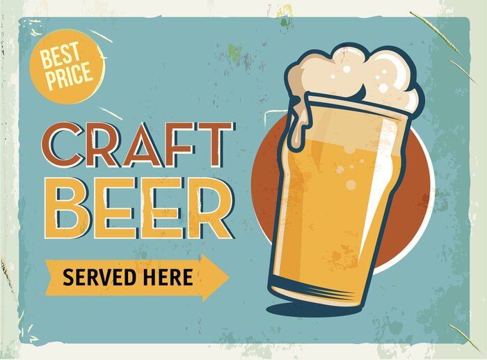 Sticker  Signe en métal grunge rétro avec de la bière. Verre de bière à froid. Affiche vintage. Panneau routier. Conception ancienne.