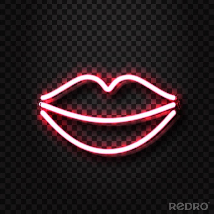 Sticker  Signe érotique réaliste vecteur néon érotique lèvres pour la décoration et la couverture sur le fond transparent. Concept de spectacle érotique et club de nuit.