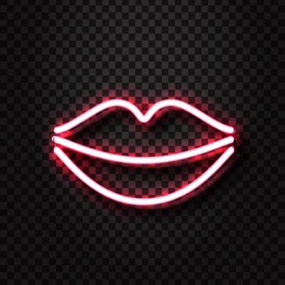 Sticker  Signe érotique réaliste vecteur néon érotique lèvres pour la décoration et la couverture sur le fond transparent. Concept de spectacle érotique et club de nuit.
