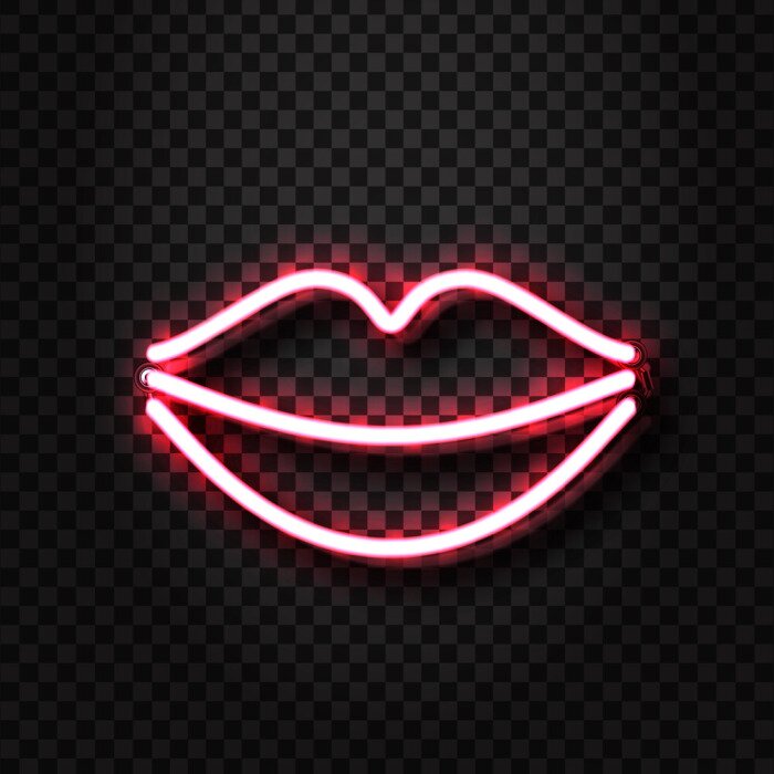 Sticker  Signe érotique réaliste vecteur néon érotique lèvres pour la décoration et la couverture sur le fond transparent. Concept de spectacle érotique et club de nuit.