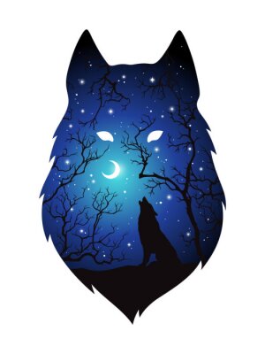 Sticker  Silhouette de double exposition de loup dans la forêt de nuit, ciel bleu avec croissant de lune et étoiles isolées. Autocollant, impression ou tatouage illustration vectorielle de conception. Totem pa