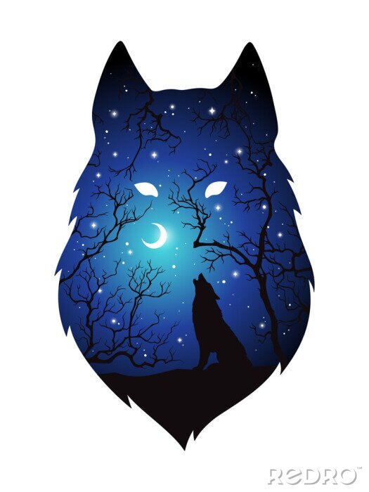 Sticker  Silhouette de double exposition de loup dans la forêt de nuit, ciel bleu avec croissant de lune et étoiles isolées. Autocollant, impression ou tatouage illustration vectorielle de conception. Totem pa