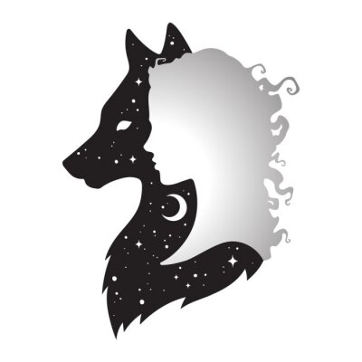 Sticker  Silhouette de la belle femme avec l'ombre du loup avec le croissant de lune et les étoiles isolées. Autocollant, impression ou tatouage illustration vectorielle de conception. Totem païen, art de l'es
