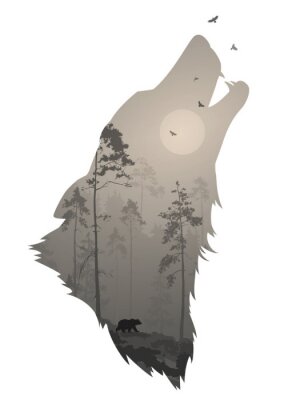 Sticker  silhouette de la tête du loup hurlant. A l'intérieur c'est une forêt de nuit avec un ours et des oiseaux. Illustration vectorielle, fond blanc, objet isolé