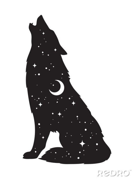Sticker  Silhouette de loup avec croissant de lune et étoiles isolées. Autocollant, travail noir, impression ou illustration vectorielle de tatouage flash design. Totem païen, art d'esprit familier wiccan