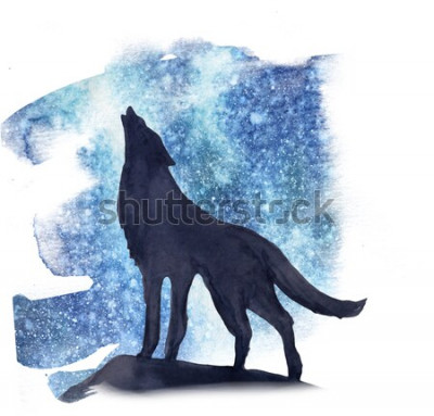 Sticker  silhouette de loup sur fond de l'aquarelle des aurores boréales. Aurores boréales
