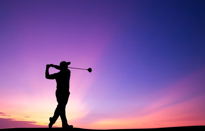 Sticker  Silhouette, golfeur, jouer, golf, beau, coucher soleil