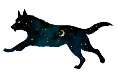 Sticker  Silhouette of wolf with crescent moon and stars isolated. Sticker, print or tattoo design vector illustration. Pagan totem, wiccan familiar spirit art