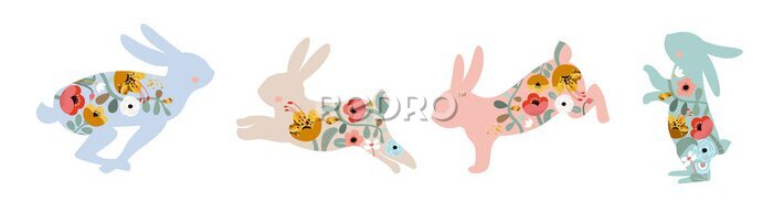 Sticker  Silhouettes de lapins de différentes couleurs avec des fleurs