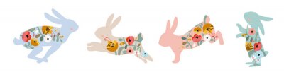 Sticker  Silhouettes de lapins de différentes couleurs avec des fleurs