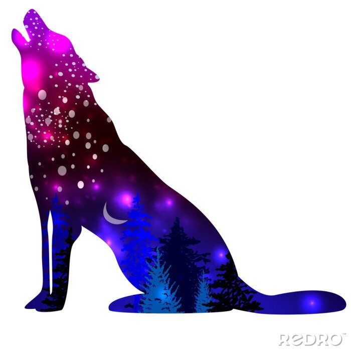 Sticker  Silhouettes of Wolf with space galaxy background effect