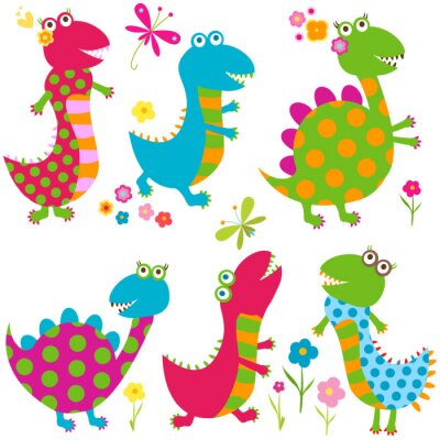 Six joyeux dinosaures colorés de différentes formes