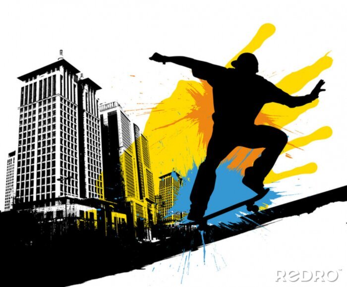 Sticker  Skateboard avec un bâtiment en arrière-plan