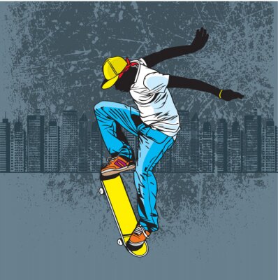 Sticker  Skateboard avec une ville en arrière-plan