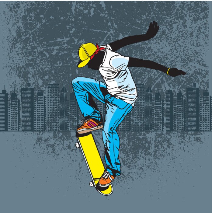 Sticker  Skateboard avec une ville en arrière-plan