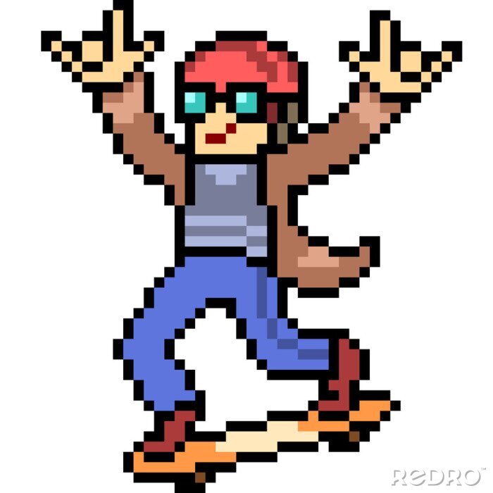 Sticker  Skateboard et personnage pixel