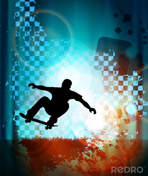 Sticker  Skateboard et silhouette d'un garçon en train de sauter