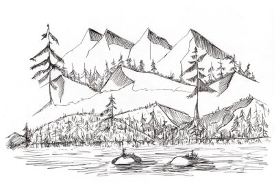 Sticker  Sketch of wild Landscape with Mountains Hill and River, hand drawn illustration by Ink 